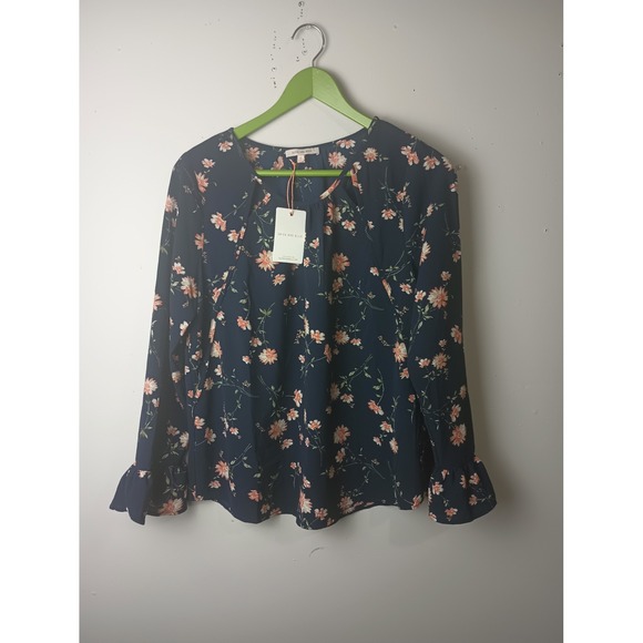 Skies Are Blue Tops - Skies Are Blue Navy Floral Long Sleeve Blouse Cutout Neck Ruffle Cuff M 41724